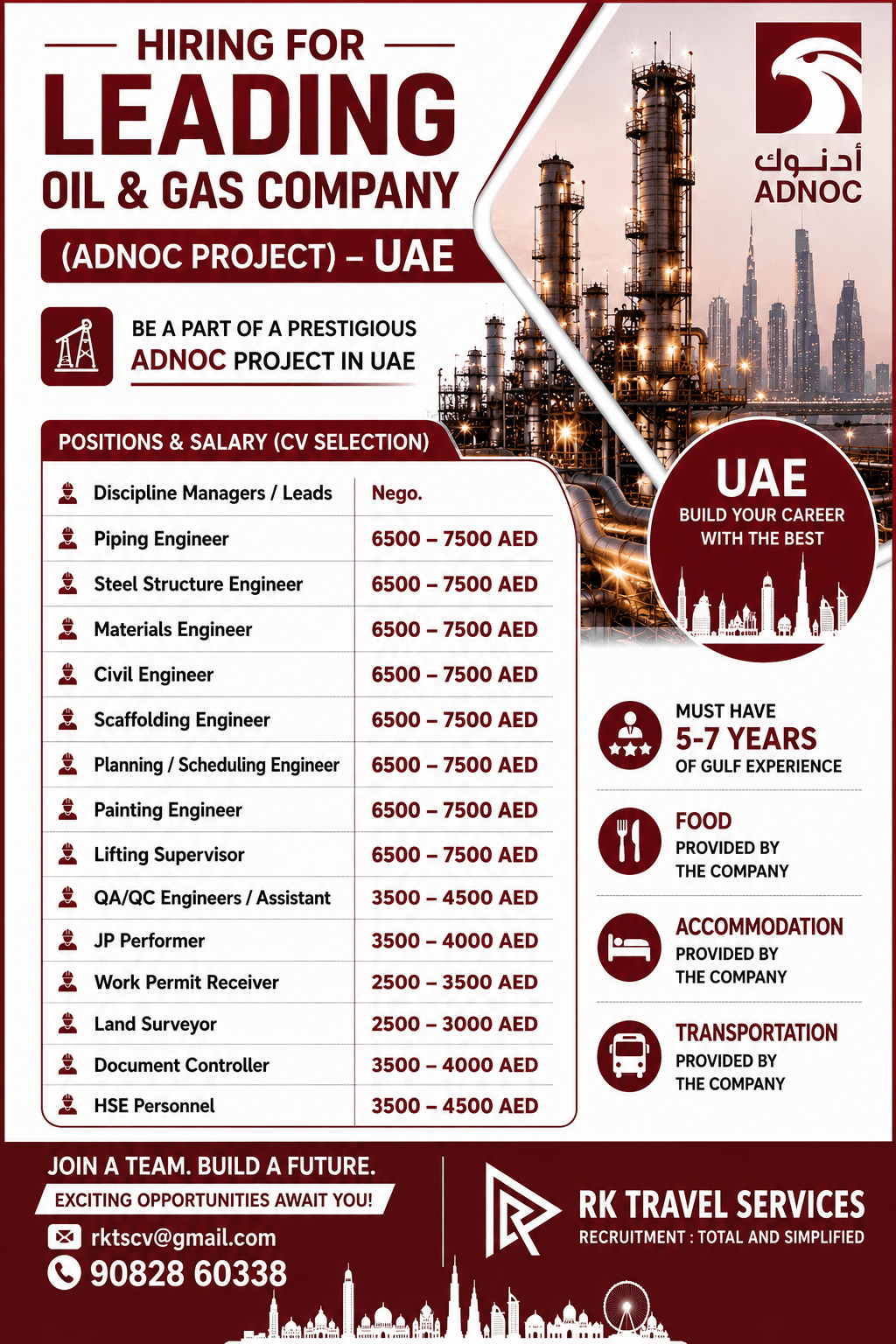 Hiring FOR LEADING OIL & GAS COMPANY (ADNOC PROJECT) – UAE