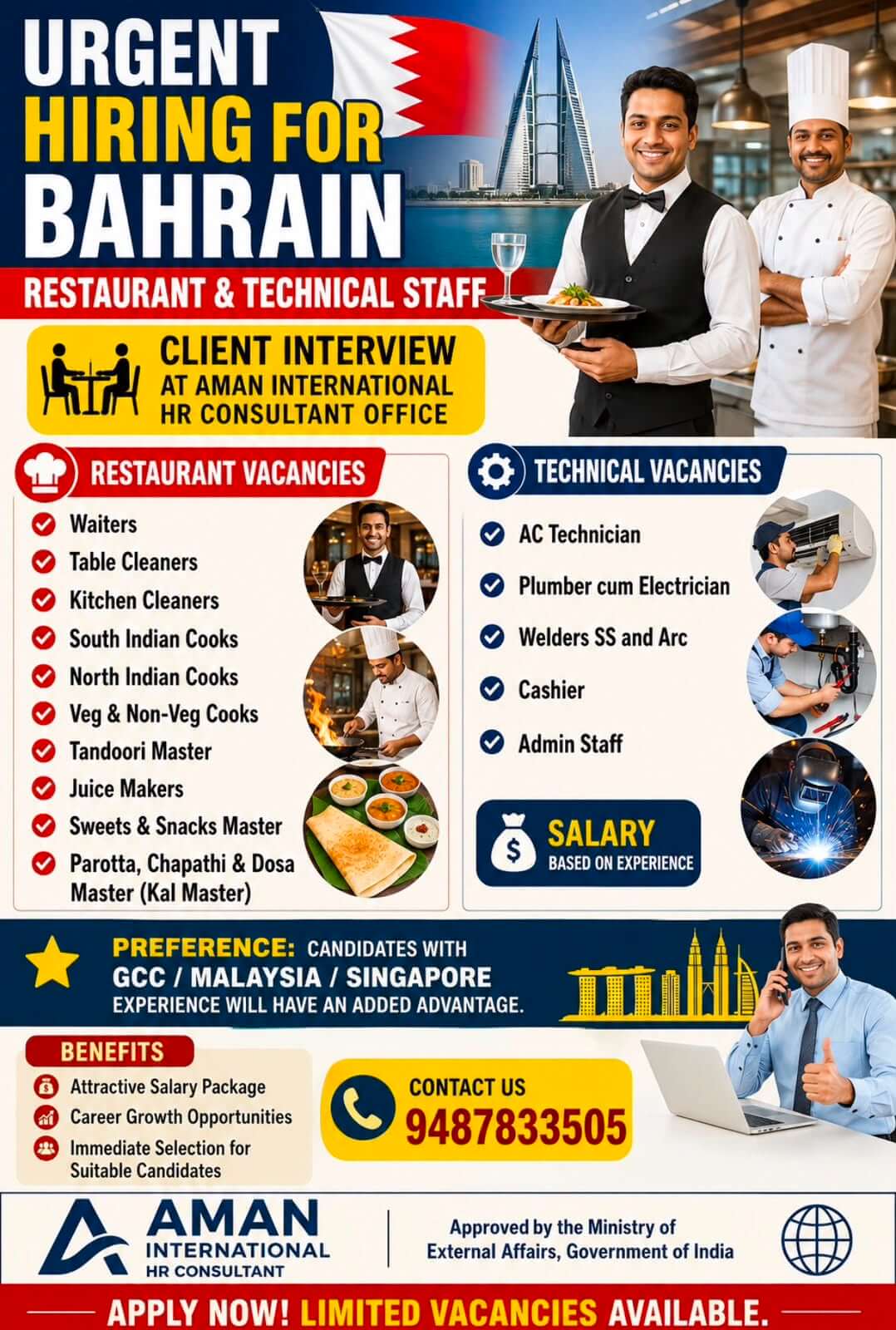 Urgent Hiring for Bahrain – Restaurant & Technical Staff