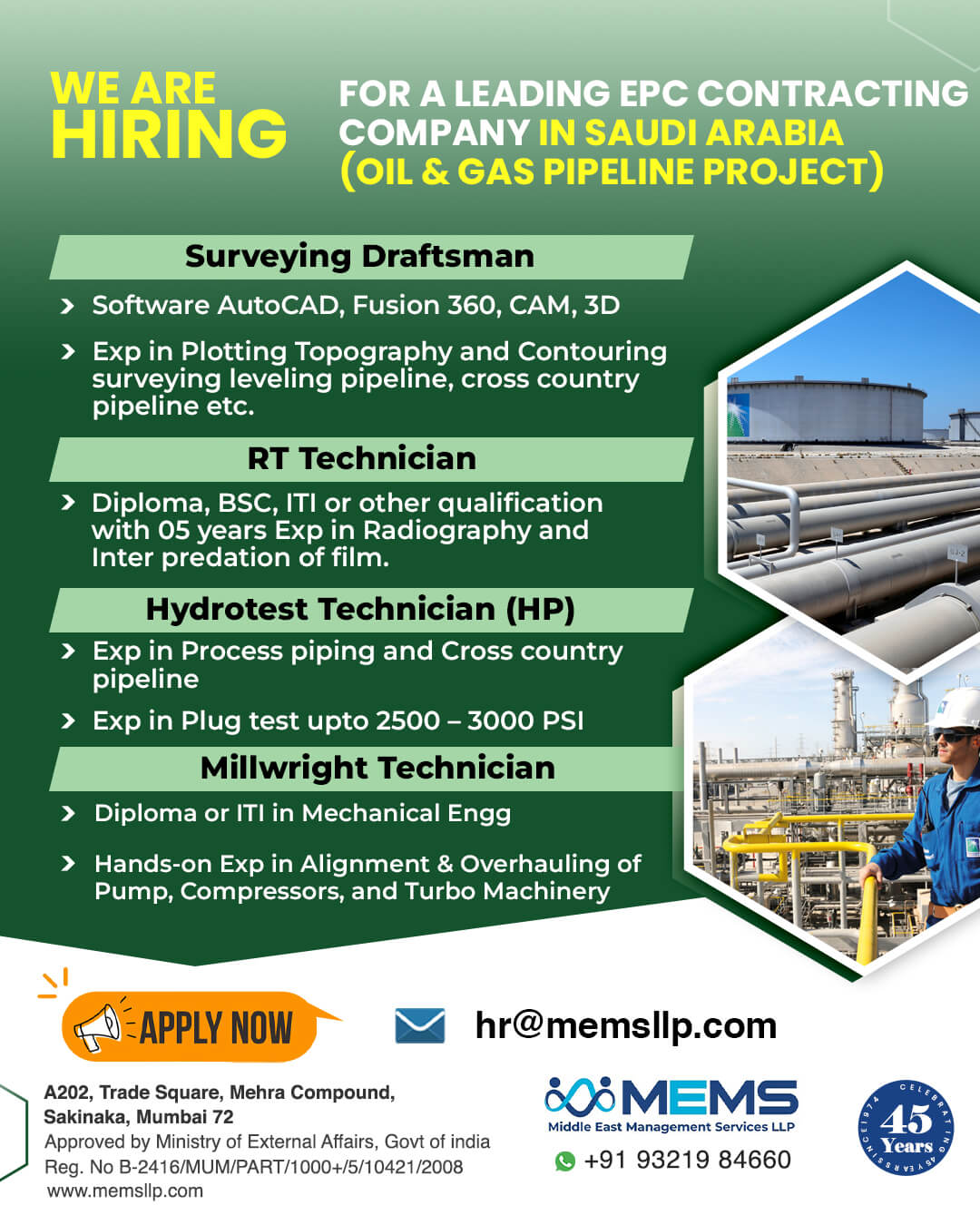 We are Hiring for a Leading EPC Contracting Company in KSA