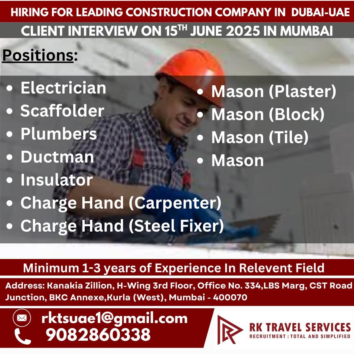 HIRING FOR LEADING CONSTRUCTION COMPANY IN  DUBAI-UAE
