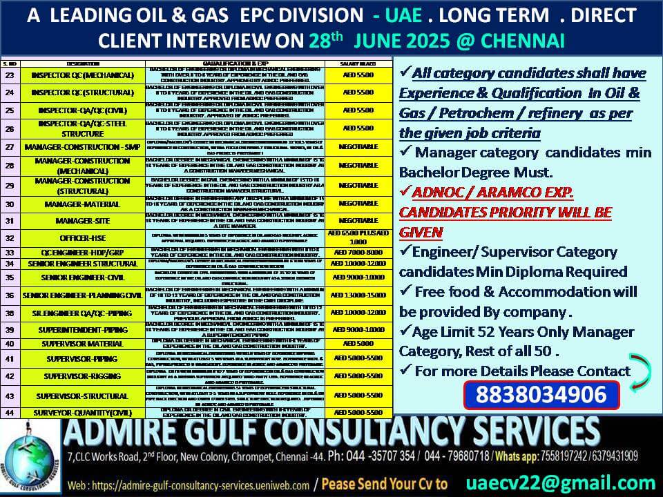 A LEADING OIL & GAS COMPANY - UAE -LONG TERM . DIRECT CLIENT INTERVIEW ON 28th JUNE 2025 @ CHENNAI A LEADING OIL & GAS COMPANY - UAE -LONG TERM . DIRECT CLIENT INTERVIEW ON 28th JUNE 2025 @ CHENNAI