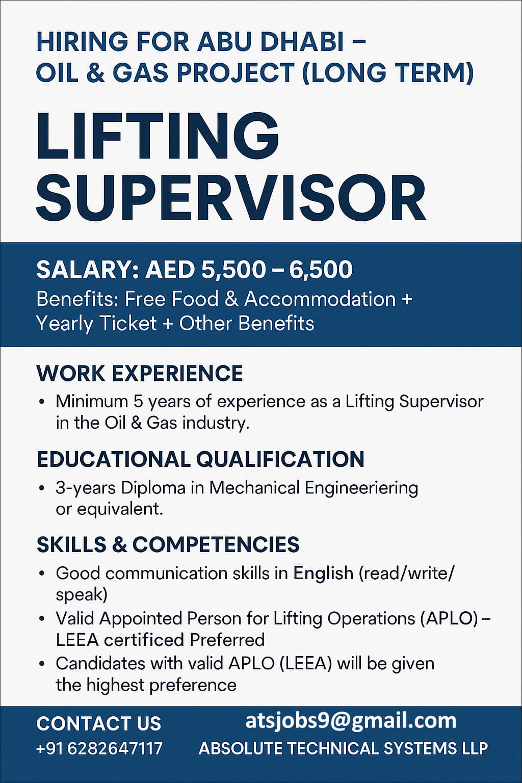 Wanted Lifting Supervsior for Abu Dhabi