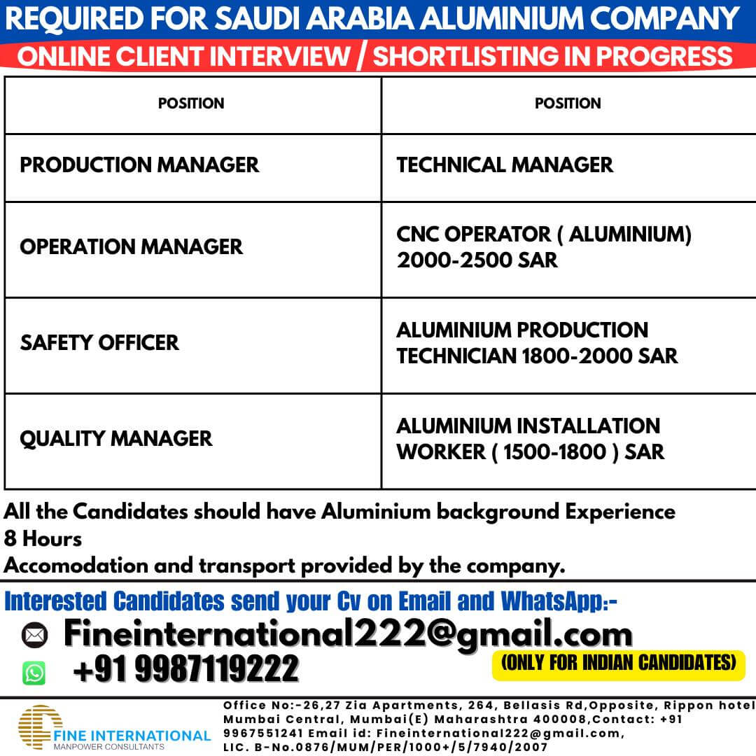 REQUIRED FOR SAUDI ARABIA ALUMINIUM COMPANY ONLINE CLIENT INTERVIEW / SHORTLISTING IN PROGRESS REQUIRED FOR SAUDI ARABIA ALUMINIUM COMPANY ONLINE CLIENT INTERVIEW / SHORTLISTING IN PROGRESS