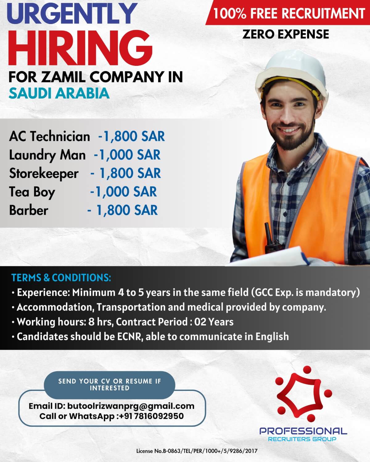 Free Recruitment - Hiring for Zamil co - Saudi Arabia