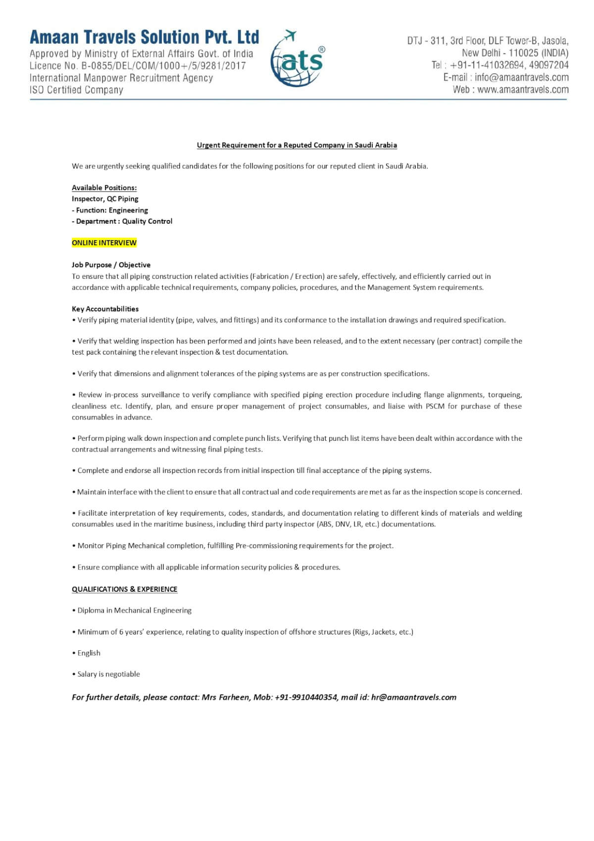 Hiring QC Piping/ QC Material Receiving for a reputed company in Saudi Arabia