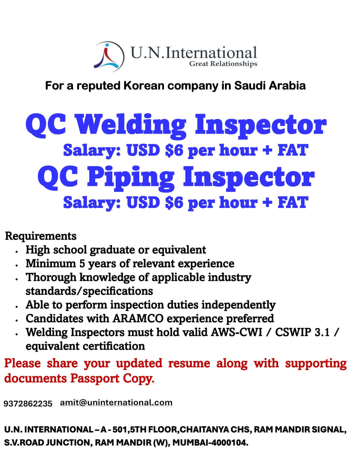 Hiring Urgently QC Welding Inspector & QC Piping Inspector for Saudi Arabia Long Term Opportunities Hiring Urgently QC Welding Inspector & QC Piping Inspector for Saudi Arabia Long Term Opportunities