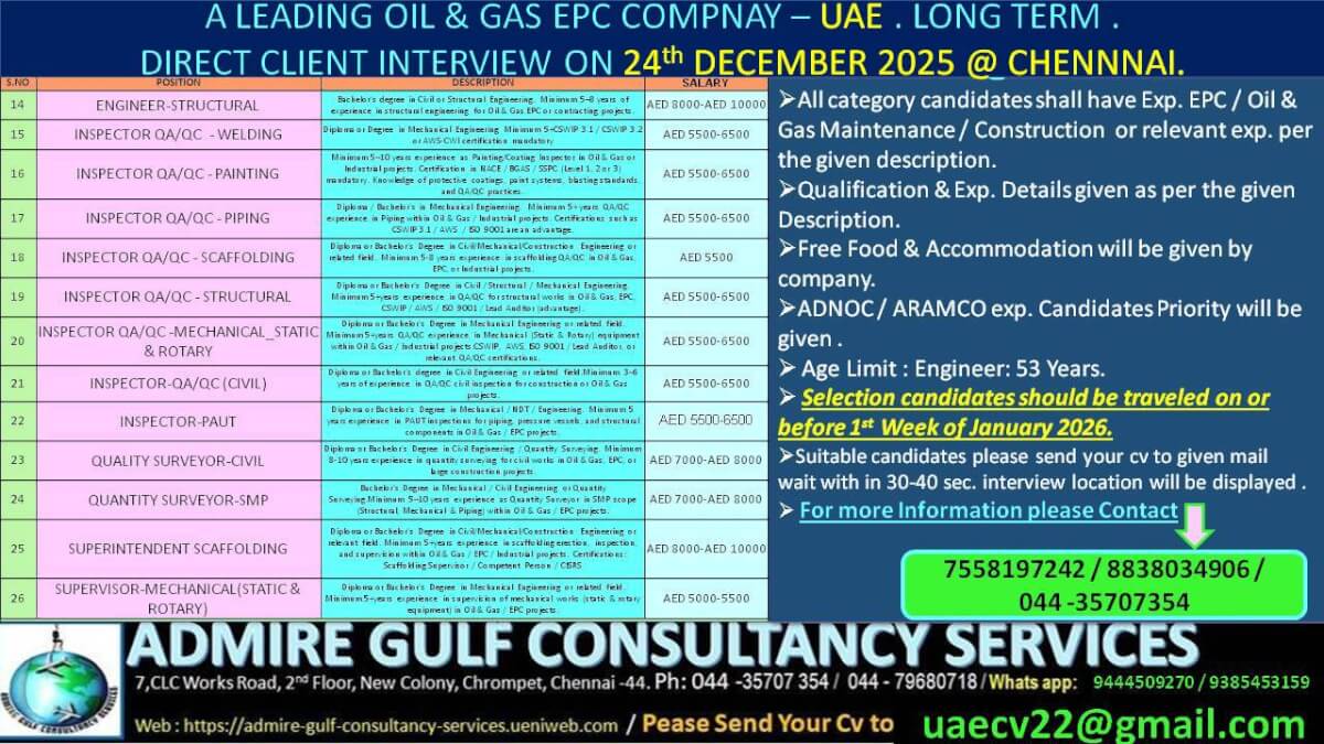 A LEADING OIL & GAS COMPANY -UAE . LONG TERM . DIRECT CLIENT INTERVIEW ON 24TH DECEMBER 2025 @ CHENNAI A LEADING OIL & GAS COMPANY -UAE . LONG TERM . DIRECT CLIENT INTERVIEW ON 24TH DECEMBER 2025 @ CHENNAI