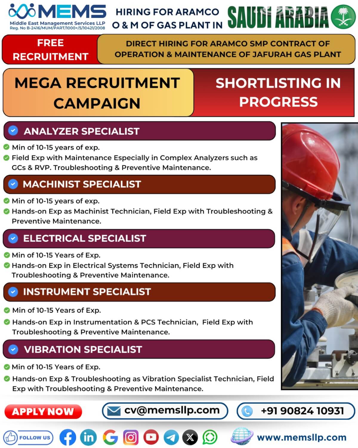 Hiring for Mega ARAMCO SMP Contract for world’s largest Oil & Gas company.