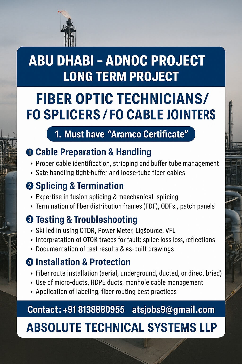 Fiber Optic Technicians / FO Splicers / FO Cable Jointers